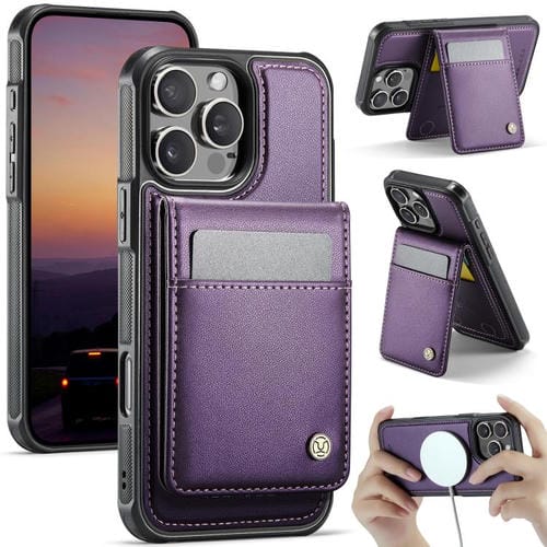 Funda de Pu para iPhone 15 Pro Jeehood J06 con Tarjetero Rfid Magsafe Estilo Británico (Morado)