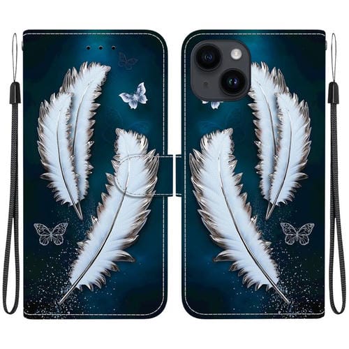 Funda de Cuero iPhone 15 Plus Dibujo Colores Textura Cristal (Plumas de Mariposa Blancas)