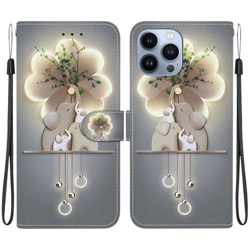 Funda de Cuero para iPhone 13 Pro Max con Dibujo de Colores y Textura de Cristal (Tres Ciervos)