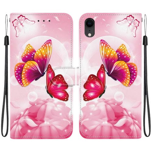 Funda de Cuero para iPhone Xr con Dibujo de Colores y Textura de Cristal (Mariposas Rosas)