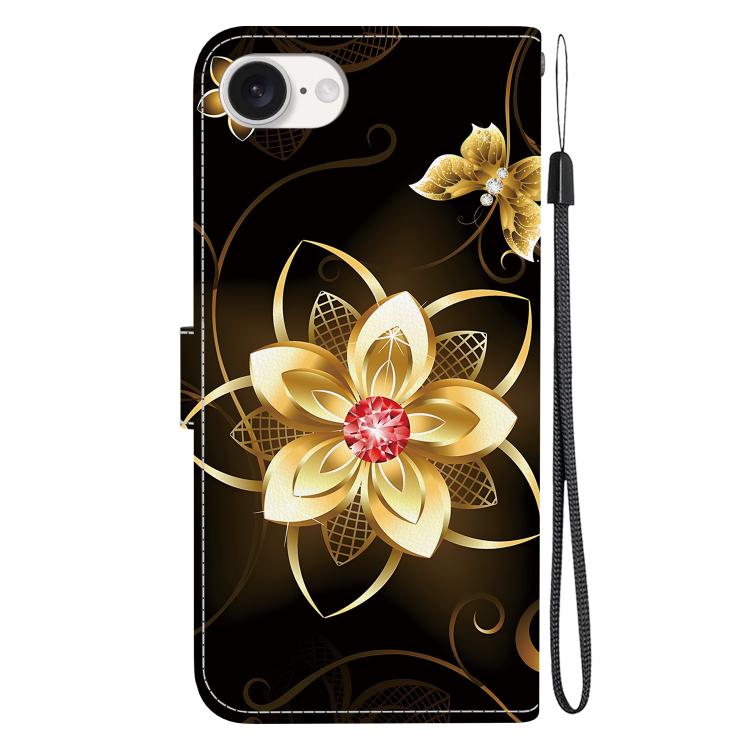 Funda de Cuero para iPhone 16E con Dibujo de Colores y Textura de Cristal (Flor Dorada)