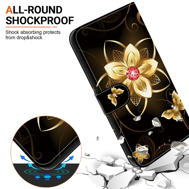 Funda de Cuero para iPhone 16E con Dibujo de Colores y Textura de Cristal (Flor Dorada)