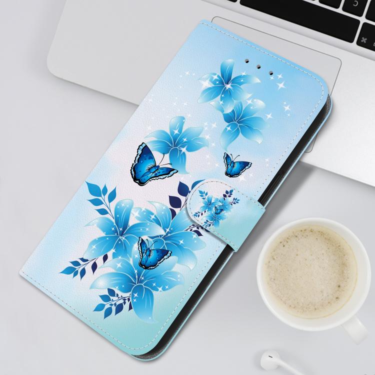 Funda de Cuero para iPhone 16E con Dibujo de Colores y Textura de Cristal (Mariposas Azules)