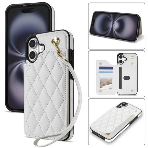 Estuche para Teléfono iPhone 16 Plus Ranuras para Tarjetas Hebilla Doble Rombal con Cordón (Blanco)