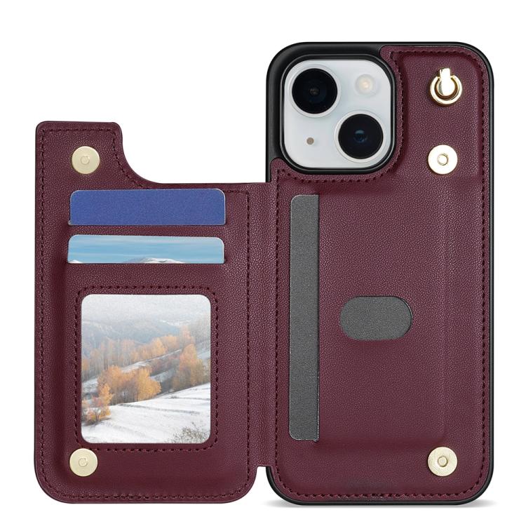 Funda para Teléfono iPhone 13/14 con Ranuras para Tarjetas y Hebilla Doble Rombal con Cordón (Rojo Vino)