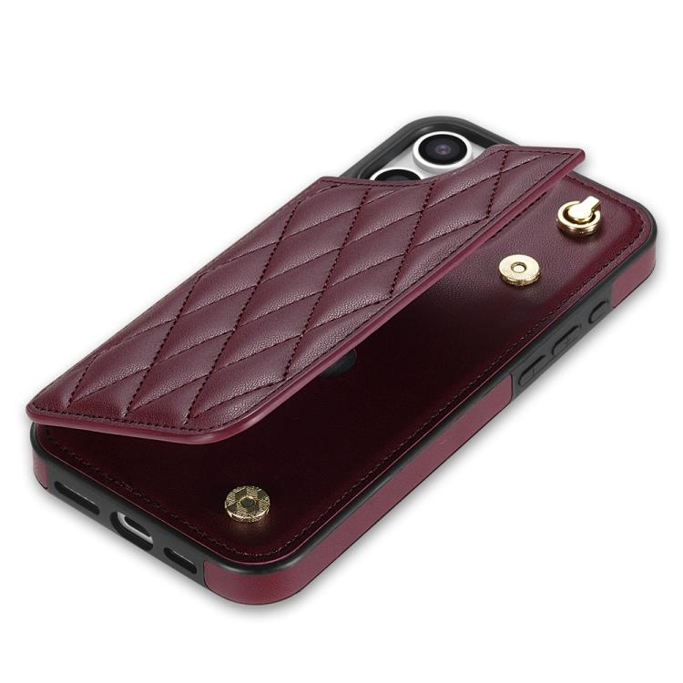 Funda para Teléfono iPhone 13/14 con Ranuras para Tarjetas y Hebilla Doble Rombal con Cordón (Rojo Vino)