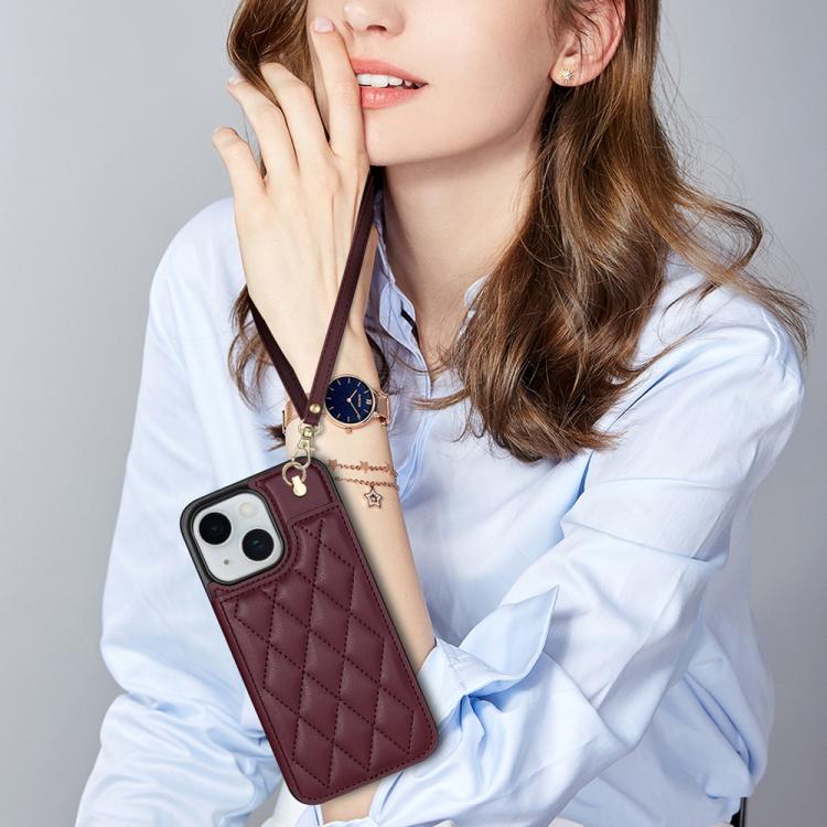 Funda para Teléfono iPhone 13/14 con Ranuras para Tarjetas y Hebilla Doble Rombal con Cordón (Rojo Vino)