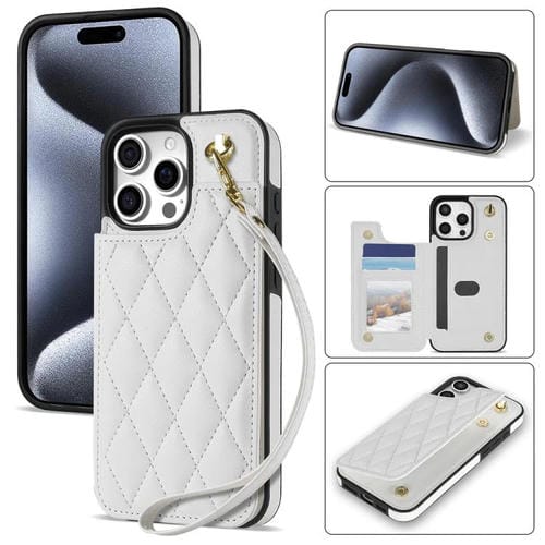 Estuche para Teléfono iPhone 13 Pro Ranuras para Tarjetas Hebilla Doble Rombal con Cordón (Blanco)