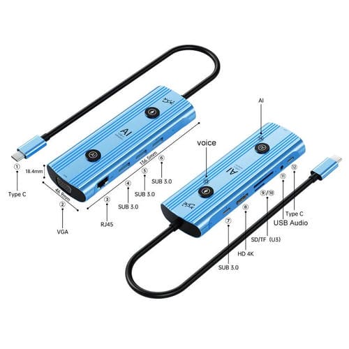 Adaptador concentrador USB-C YCE V261 13 en 1 con IA (Azul)