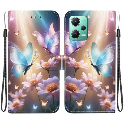Funda de Cuero con Dibujo de Colores y Textura de Cristal para Redmi Note 12 5G/Poco X5 (Mariposa y Flor)
