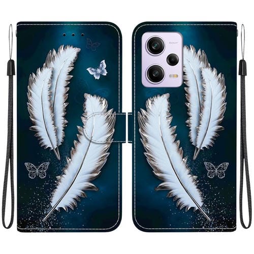 Funda de Cuero con Dibujo de Colores y Textura de Cristal para Redmi Note 12 Pro/Poco X5 Pro (Plumas de Mariposa Blancas)