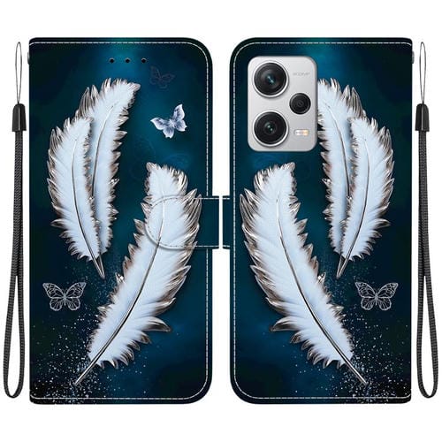 Funda de Cuero con Dibujo de Colores y Textura de Cristal para Redmi Note 12 Pro+ 5G (Plumas de Mariposa Blancas)
