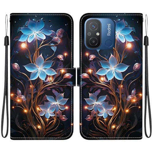 Funda de Cuero con Dibujo de Colores y Textura de Cristal para Redmi 12C/11A (Flor de Linterna Pequeña)