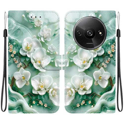 Funda de Cuero con Dibujo de Colores y Textura de Cristal para Redmi A3 (Flores de Jade)