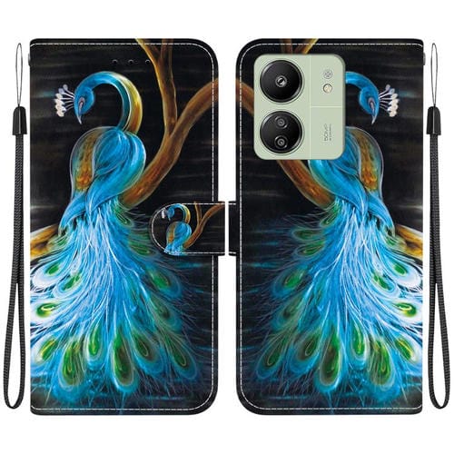 Funda de Cuero con Dibujo de Colores y Textura de Cristal para Redmi 13C 4G / 5G / 13R 5G (Pavo Real)