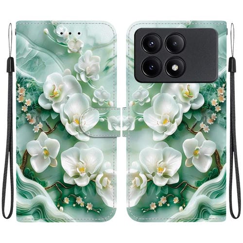 Funda de Cuero con Dibujo de Colores y Textura de Cristal para Redmi K70E/Poco X6 Pro (Flores de Jade)