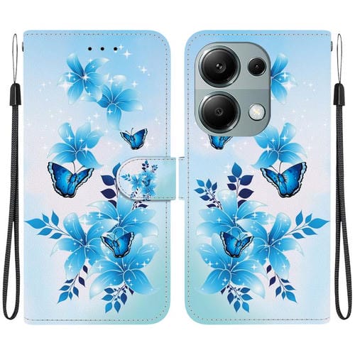 Funda de Cuero con Dibujo de Colores y Textura de Cristal para Redmi Note 13 Pro 4G / Poco M6 Pro (Mariposas Azules)