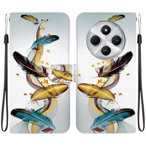 Funda de Cuero con Dibujo de Colores y Textura de Cristal para Redmi 14C 4G (Plumas de Mariposa Doradas)