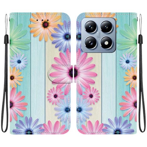 Funda de Cuero con Dibujo de Colores y Textura de Cristal para Xiaomi 14T Pro (Girasoles)