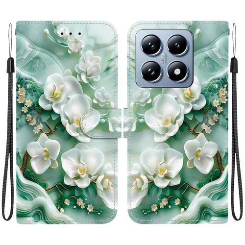Funda de Cuero con Dibujo de Colores y Textura de Cristal para Xiaomi 14T Pro (Flores de Jade)