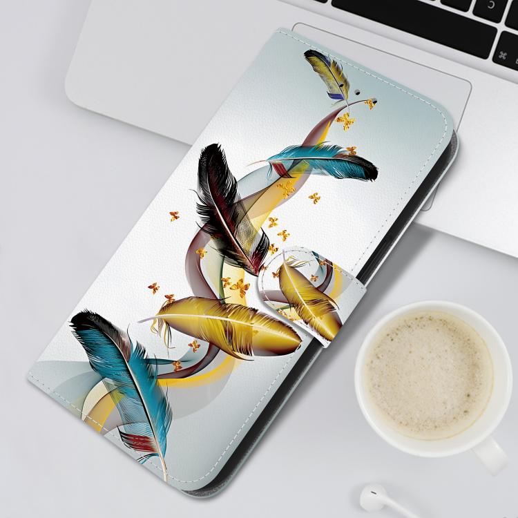 Funda de Cuero para LG K61 con Dibujo de Colores y Textura de Cristal (Plumas de Mariposa Doradas)