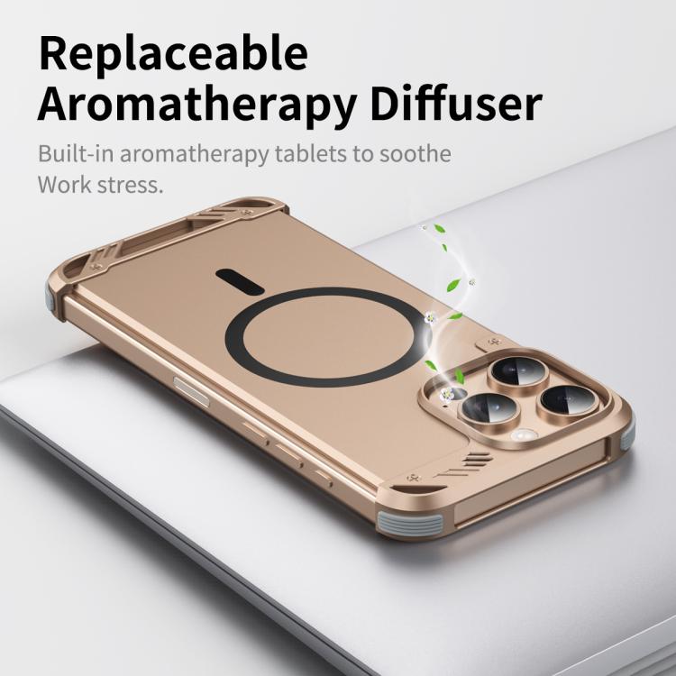 Estuche para Teléfono R-Just RJ63 con Aroma Mecha y Magsafe sin Marco para iPhone 16 Pro Max (Dorado del Desierto)