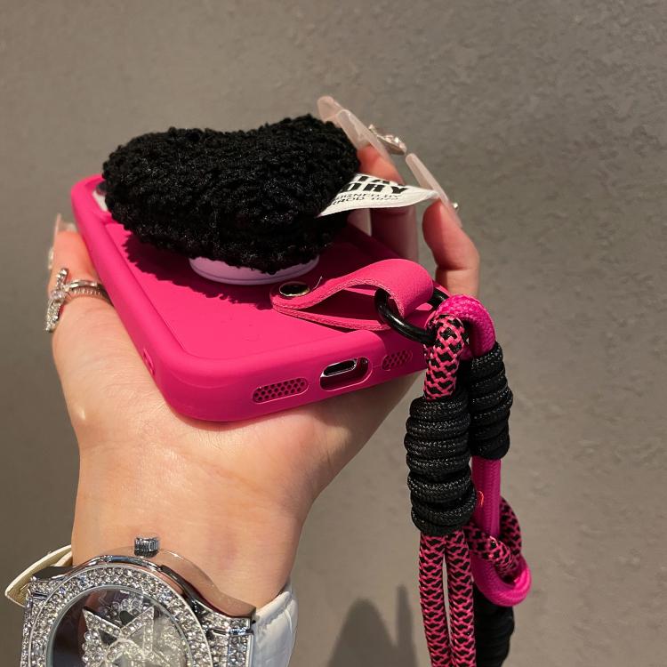 Funda para Teléfono iPhone 15 Plus Diseño Corazón de Peluche con Cordón (Rosa Rojo)