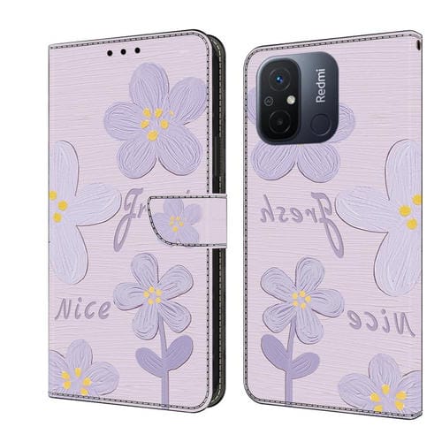 Funda de Cuero Pintada a Mano para Redmi 12C/11A (Flores de Color Morado Oscuro)