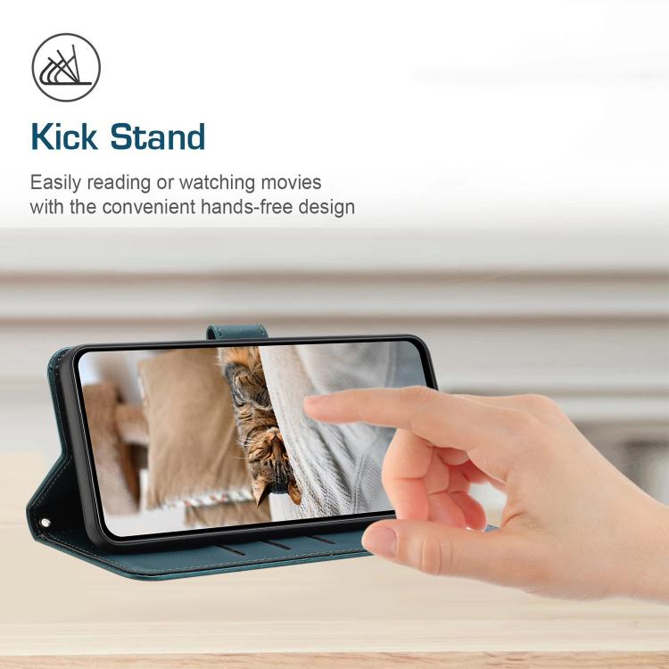 Funda de Cuero para Sharp Aquos Sense 8 con Diseño de Gatito En Relieve y Cordón (Verde Oscuro)