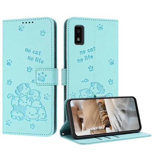Funda de Cuero para Sharp Aquos Wish 3 con Diseño de Gatito En Relieve y Cordón (Verde Menta)