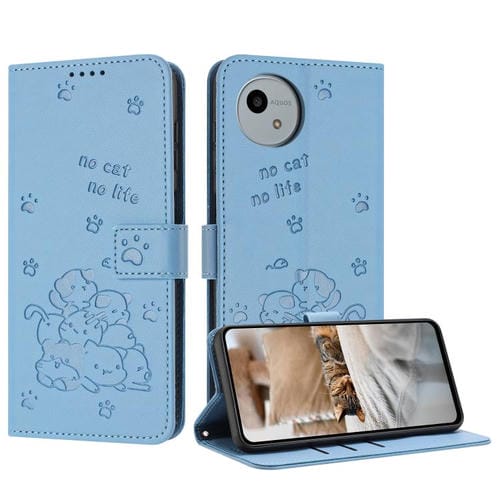 Funda de Cuero para Sharp Aquos Wish4 Sh-52E con Diseño de Gatito en Relieve y Cordón (Azul)
