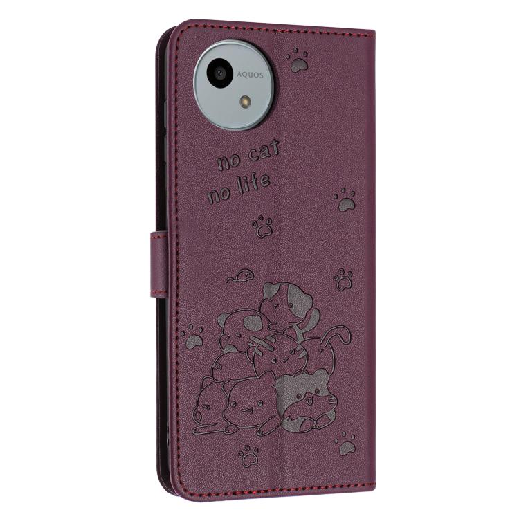 Funda de Cuero para Sharp Aquos Wish4 Sh-52E con Diseño de Gatito y Cordón (Rojo Vino)