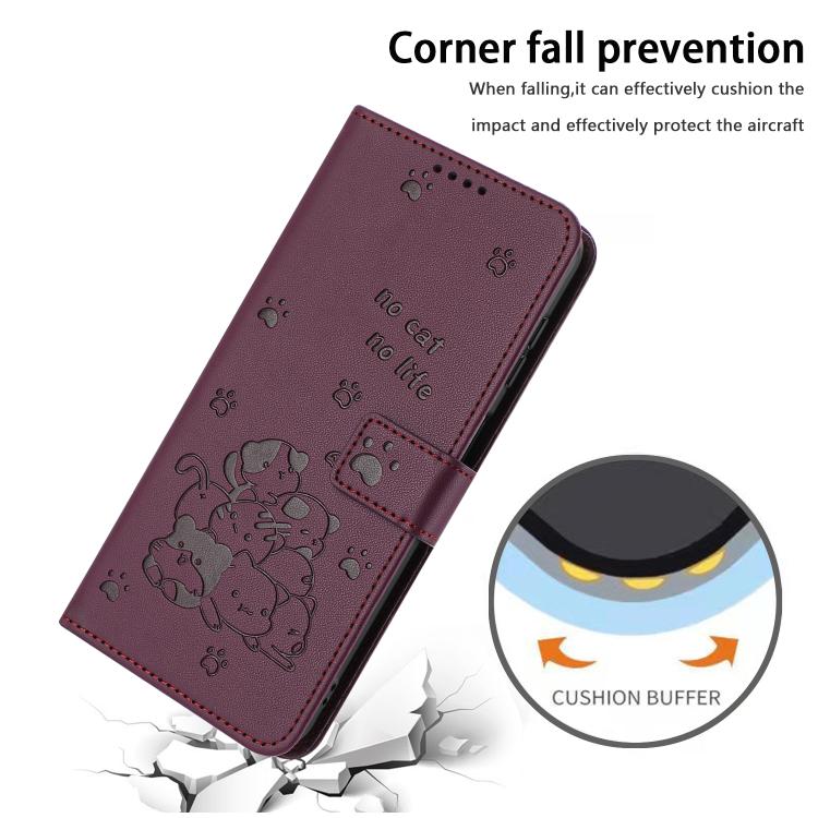 Funda de Cuero para Sharp Aquos Wish4 Sh-52E con Diseño de Gatito y Cordón (Rojo Vino)