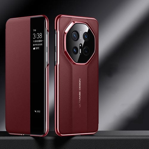 Funda para Teléfono Huawei Mate 70 Rs con Ventana de Visualización Inteligente y Diseño Imitación (Roja)