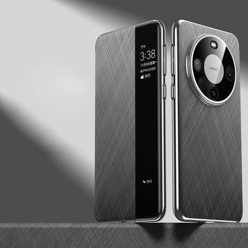 Funda de Cuero Liso con Ventana Smart View para Huawei Mate 60 Pro (Gris)