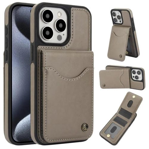 Funda para iPhone 15 Pro Max Awquer Cuero con Tapa Vertical Tarjetas y Soporte (Gris)