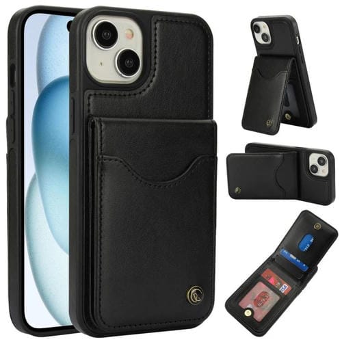 Funda para iPhone 15 Plus Awquer Cuero con Tapa Vertical Tarjetas y Soporte (Negro)