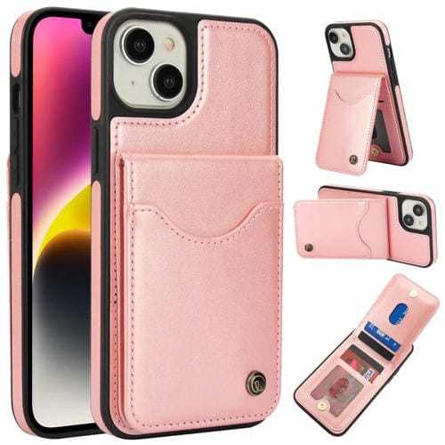 Funda de Cuero Awquer para iPhone 14 Plus con Tapa Vertical para Tarjetas y Soporte (Oro Rosa)
