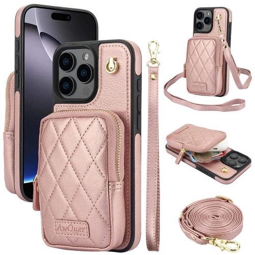 Funda para Teléfono Awquer iPhone 16 Pro Max Piel de Lichi con Cremallera y Cartera Cruzada (Oro Rosa)
