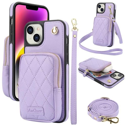 Funda para iPhone 14 Plus Awquer Crossbody Zipper Wallet Bag Litchi Leather Phone Case (Púrpura Claro)