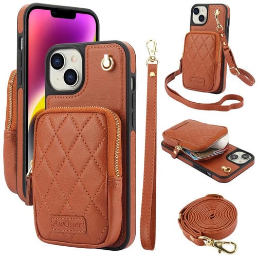 Funda de Teléfono Awquer Crossbody Zipper Wallet Bag para iPhone 14 Plus de Cuero de Lichi (Marrón)