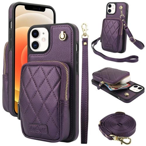 Funda para iPhone 12/12 Pro Awquer Cartera Cruzada con Cremallera Piel de Lichi (Morado Oscuro)