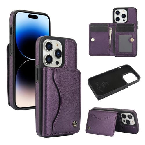 Funda de Cuero Awquer para iPhone 14 Pro con Tapa Horizontal para Tarjetas y Soporte (Morado Oscuro)