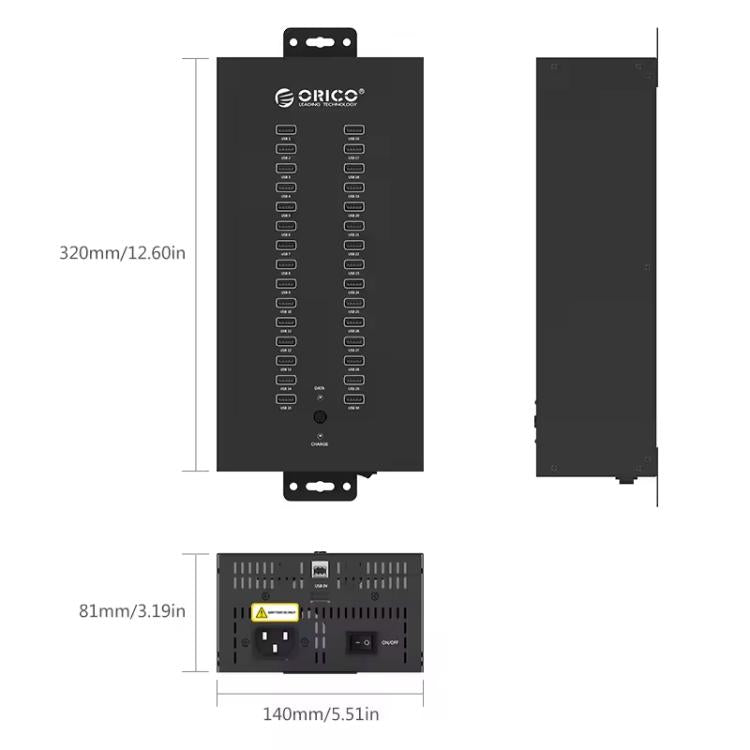 Concentrador USB 2.0 Orico IH30P de Grado Industrial de 30 Puertos con Enchufe de la UE (Negro)