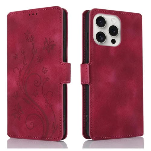 Funda de Cuero iPhone 14 Pro Relieve Mariposa y Flor Amor Ensueño (Rojo)