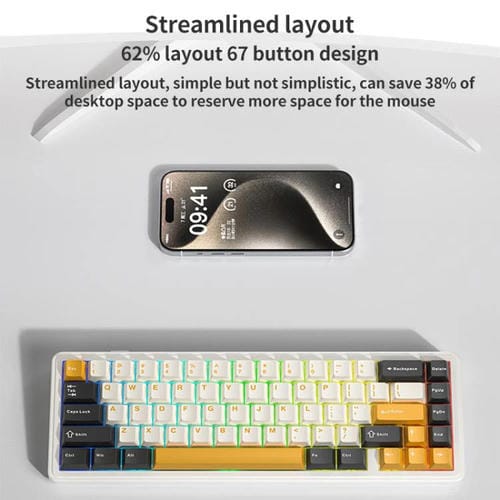 Teclado Mecánico Aula F65 de 67 Teclas con Conexión 2,4 G, Bluetooth y Cable, RGB Gaske (Eje Gris, Blanco, Amarillo y Azul)