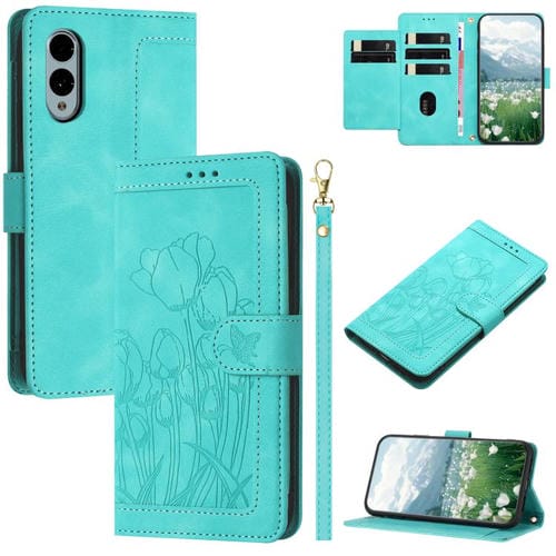 Funda de Cuero con Relieve de Tulipanes para Teléfono Fujitsu Arrows We2 con Cordón (Verde)