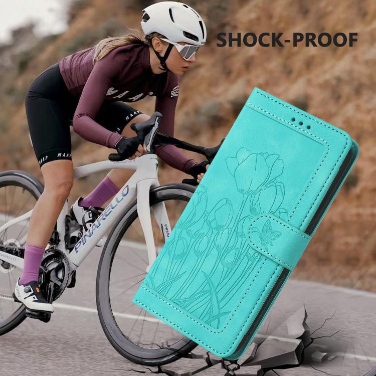 Funda de Cuero con Relieve Tulipanes para Teléfono Fujitsu Arrows F-52B con Cordón (Verde)