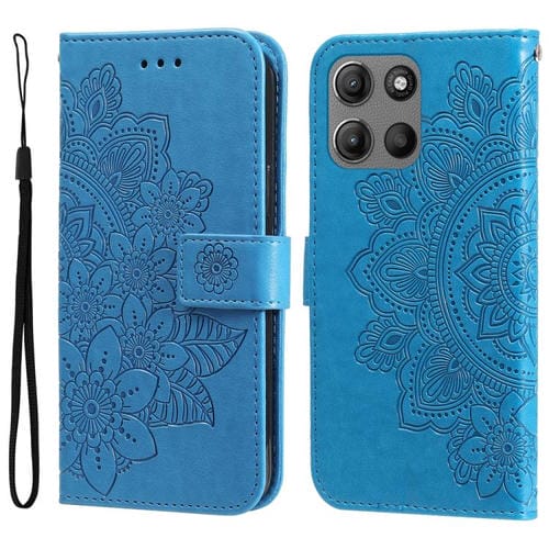Funda de Cuero con Estampado de Flores de Siete Pétalos para Motorola Moto G15 y G15 Power (Azul)