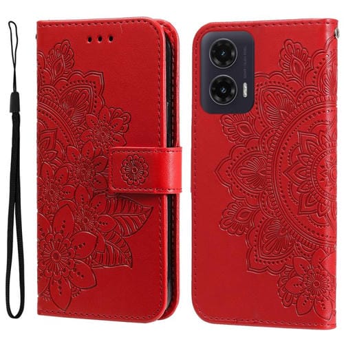 Funda de Cuero para Motorola Moto G35 con Estampado de Flores de Siete Pétalos (Rojo)